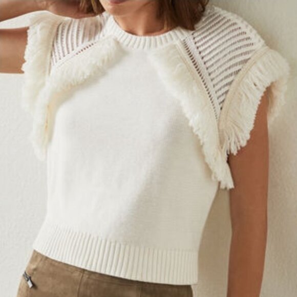 BCBGMaxAzria Fringe-Trimmed Sweater Short Sleeve - Picture 1 of 4